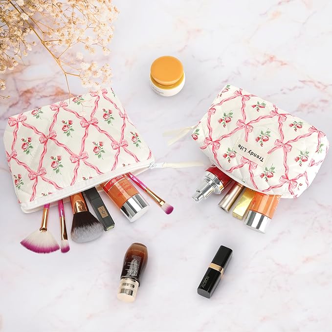 HAOGUAGUA 2 Pieces Makeup Bag, Small Large Quilted Cosmetic Bag, Travel Floral Make Up Toiletry Organizer Bag for Women Girls (2PCS STYLE A-1)