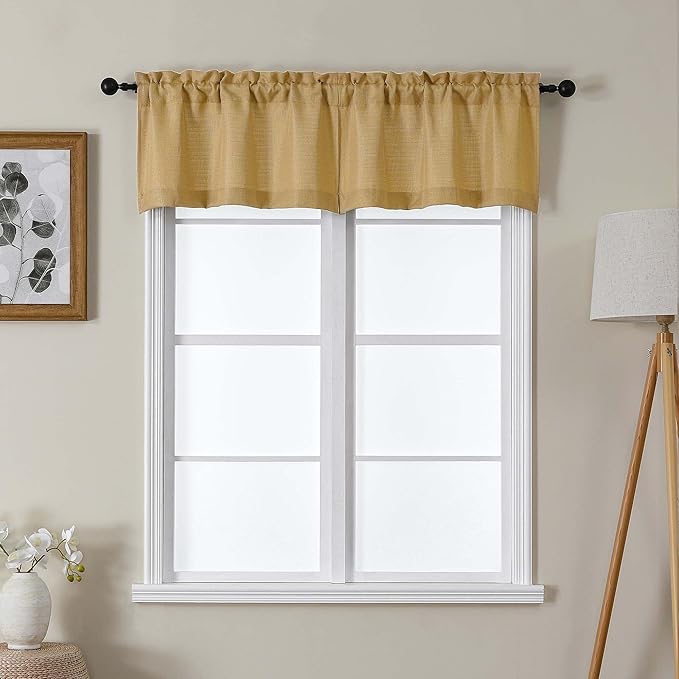 Lecloud Bessie Gold Valances for Windows 14 Inch Length 2 Pcs, Faux Linen Textured Cafe Kitchen Curtains, Rod Pocket Short Curtains, Window Valances for Bedroom Basement Bathroom, Each 30 W x 14 L