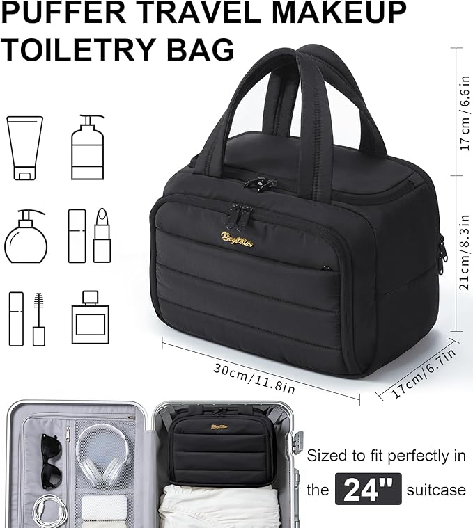 Bagstellar Travel Toiletry Bag, Lightweight Wide-open Large Puffy Toiletry Bag for Women, Quilted Makeup Bag Organizer Water-resistant Cosmetic Bag with Handle for Toiletries, Essentials, Accessories