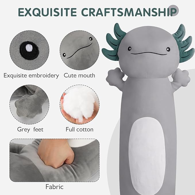 Dalmao 36 inch Cute Giant Grey Axolotl Plush Soft Long Body Pillow, Large Squishy Plushies Axolotl Stuffed Animals Toy, Gifts for Kids Boys Girls Birthday, Halloween, Christmas