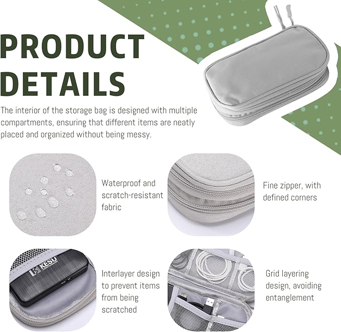 OBHEI Electronic Organizer Double Layer, Water Resistant Cable Organizer Bag for Travel Essentials, Cord, Charger, Phone, Earphone, Large Size,Accessories Travel Essentials (Grey, Double-Layer)