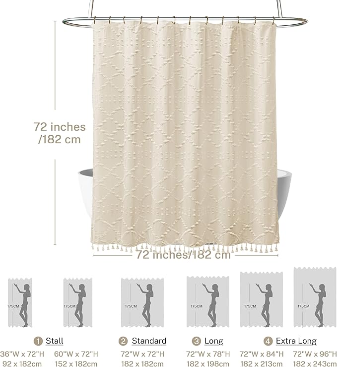 Siiluminisoy Boho Farmhouse Shower Curtain Woven Fabric Cream/Beige Shower Curtain, 72 x 72 Tufted Chevron Textured Striped Modern Minimalist Cloth Shower Curtains for Bathroom