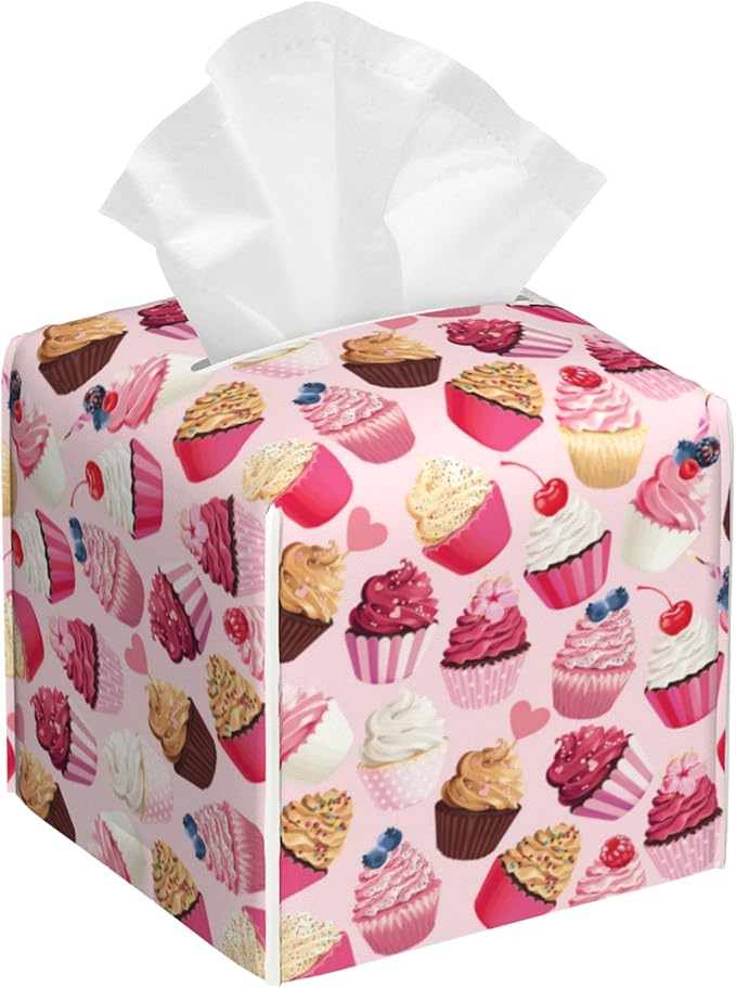 POIUBLE Tissue Box Holder Delicious Cupcakes Tissue Box Cover Square Leather Tissue Holder Organizer Portable Decorative Facial Paper Case for Home Office Bathroom Vanity Countertop