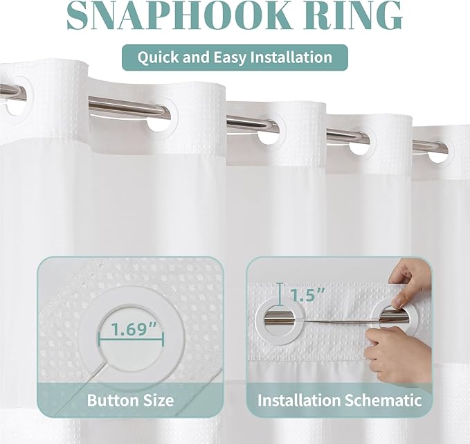 eachope Stall White No Hook Waffle Weave Shower Curtain with snap-in Liner Replacement, 230GSM Waterproof Fabric Hotel Shower Curtain Set for Bathroom, Through Mesh Top Window,54Wx80H