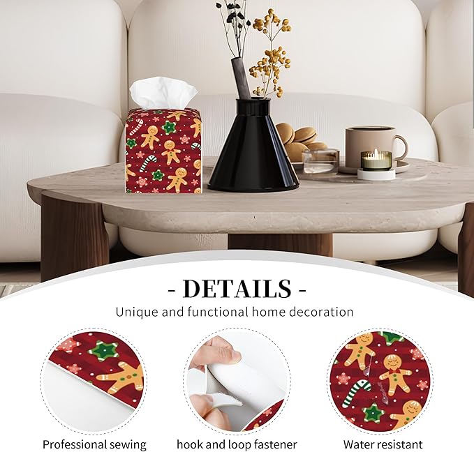 POIUBLE Candy and Star Leather Tissue Box Holder Christmas Red Gingerbread Tissue Box Cover Square Waterproof Tissue Holder Organizer Modern Napkin Holder for Bedroom Dresser Night Stand Office Desk