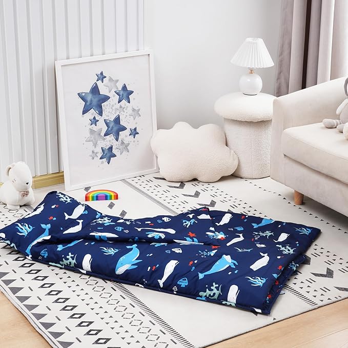 david's kids Toddler Nap Mat Set with Removable Pillow, Ultra Soft Slumber Bags for Boys，Perfect for Preschool, Daycare, Kids Sleeping Bags with Rollup Design, 50"x20", Ocean Animals Dark Blue