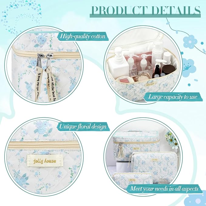Zeyune 3 Pcs Makeup Bag Quilted Cosmetic Bags Large Floral Makeup Bag Set for Women Cotton Flower Travel Toiletry Storage Cute with Zipper for Women Mom Birthday Gift Home Bathroom(Peony)
