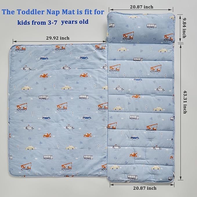 DuShow Cotton Toddler Nap Mat for Boys,Roll Up Slumber Bags Cars Pattern,Toddler Nap Mat with Removable Pillow and Blanket, Kids Sleeping Mat for Daycare,Preschool and Kindergarten-Blue