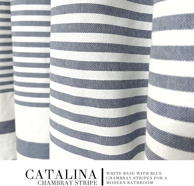HALL & PERRY Modern Farmhouse Tassel Shower Curtain 100% Cotton Striped Fabric Shower Curtain with Tassels for Bathroom Décor (Chambray 2, 72"x72")