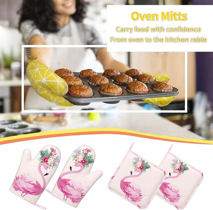 Cute Flamingo Pink Pretty Oven Mitts And Pot Holders Set Of 4 Silicone Heat Resistant Oven Mitten Potholders Non Slip Gloves Kitchen Decor For Bbq Cooking Grilling Baking