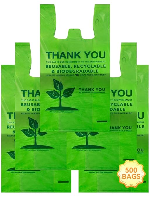 UMT Plastar 500 Count Recyclable Compostable 100% Biodegradable T-Shirt Bags, Eco-Friendly Grocery Shopping Bags, 11.5" x 6.25" x 21", 16 Mic