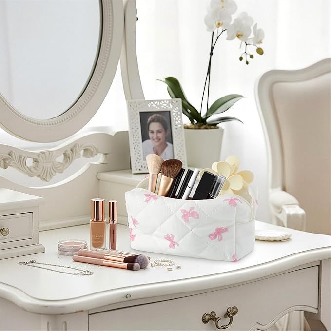 Paterr 6 Pcs Quilted Makeup Bag Bulk for Women Girls Birthday Valentine's Day Bridesmaid Gifts Cute Cotton Cosmetic Pouch Bow Floral Coquette Aesthetic Travel Toiletry Bag(Pink Bow,White)