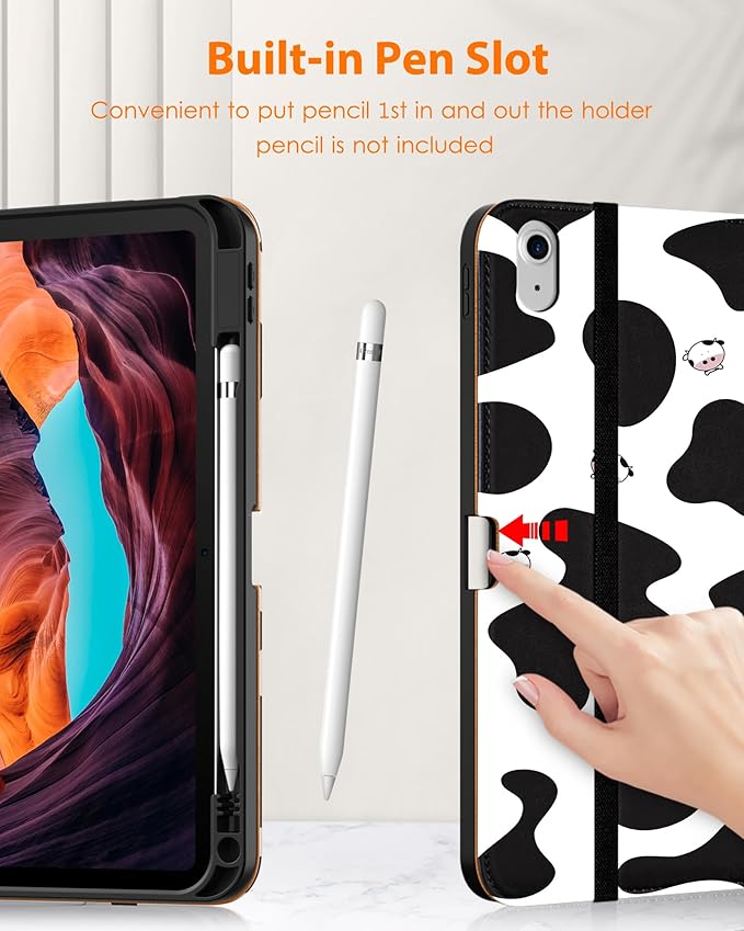 DTTO for iPad (A16) 11th Generation Case 11 Inch 2025, iPad 10th Generation Case 10.9 Inch 2022, Premium Leather Business Folio Stand Cover with Pencil Holder - Auto Wake/Sleep, Cow Print