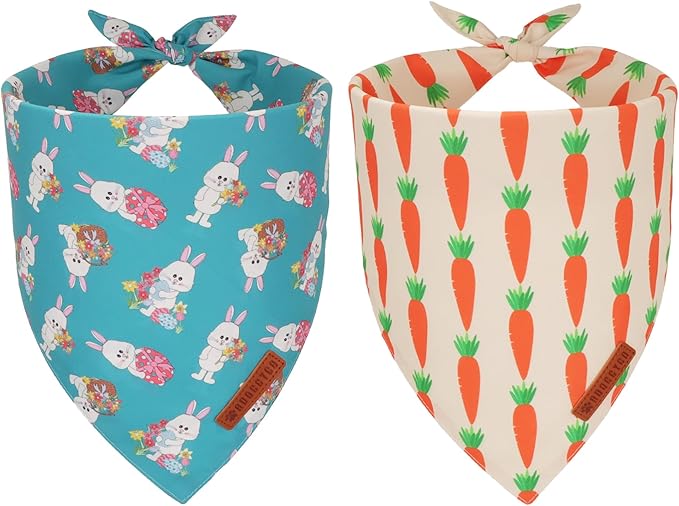 ADOGGYGO Easter Dog Bandanas 2 Pack, Triangle Reversible Bunny Carrot Dog Scarf, Premium Durable Fabric, Easter Bandana for Medium Large Dogs (Large)