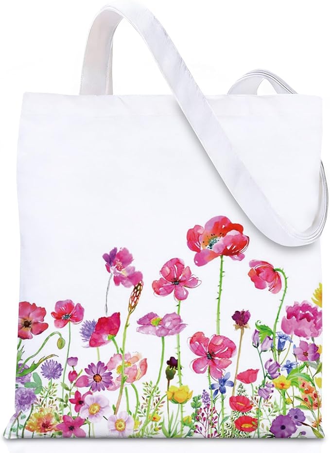 GICDSU Cotton Canvas Floral Tote Bag Aesthetic with Zipper, Reusable Grocery Bags, Beach Foldable ToteBag for Women, Funny Totebag with Inner Pocket for Shopping Travel Gym Work