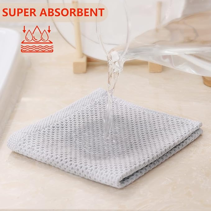 Kitinjoy 100% Cotton Kitchen Dish Cloths, 12 Pack Waffle Weave Ultra Soft Absorbent Dish Towels for Drying Dishes Quick Drying Kitchen Towels Dish Rags, 12 X 12Inch, Light Grey