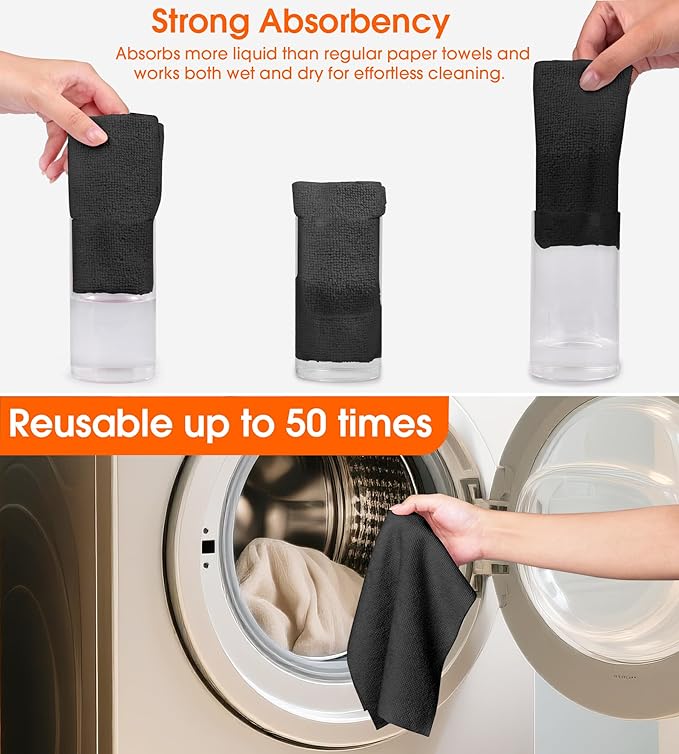 CHAUNCEY HOME Microfiber Cleaning Cloth Roll - 100 Pack Tear Away Microfiber Paper Towels, Reusable, Washable, Scratch-Free, Kitchen Towels for Car, Home, Kitchen, Glass, Dishes (Black)