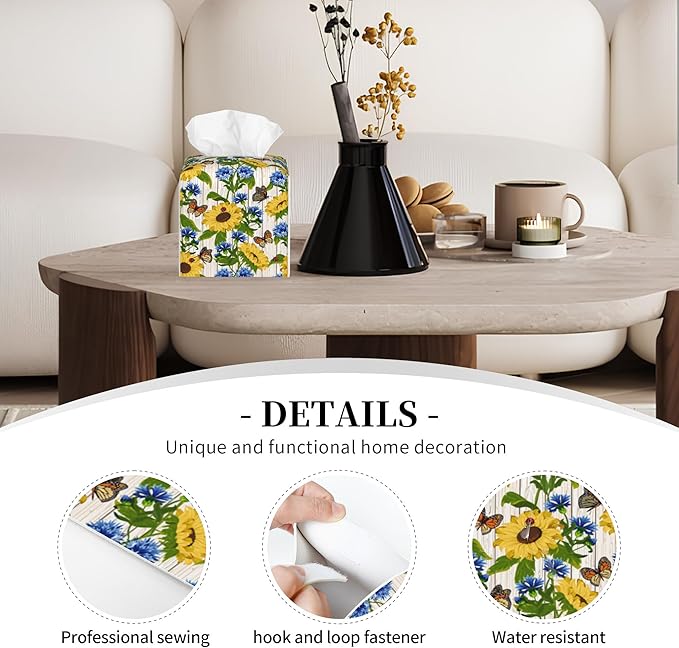 POIUBLE Cornflowers and Sunflowers Tissue Box Cover Butterfly and Ladybug Leather Tissue Box Holder Square Facial Paper Organizer Dispenser for Bathroom Kitchen Bedroom Vanity Countertop Night Stands