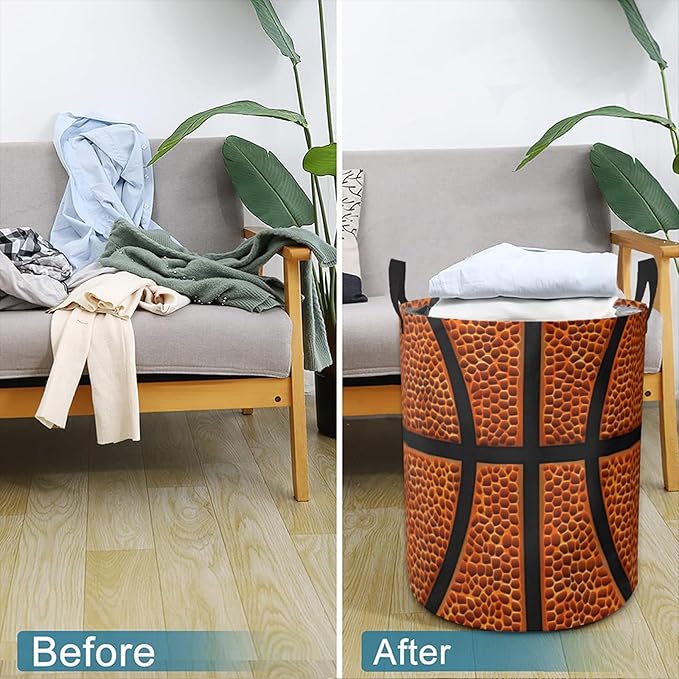 Laundry Basket Basketball Texture Collapsible Laundry Hamper with Handles Clothes Storage Bin for Household Bedroom Bathroom College Dorms