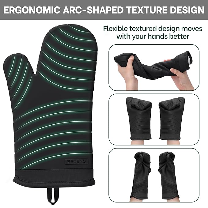 Beneno Heat Resistant Silicone Oven Mitts BPA-Free, Non-Slip Textured Grip & Quilted Cotton Lining, Waterproof Kitchen Mitt 2-Pack Set, 7"x13", Black