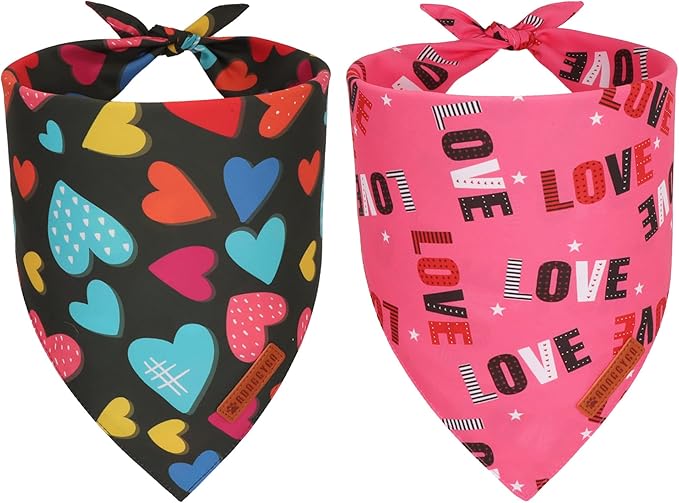 ADOGGYGO Valentine Dog Bandanas 2 Pack, Triangle Reversible Love Heart Scarf, Premium Durable Fabric, Pet Valentine Bandana for Medium Large Dogs (Large)