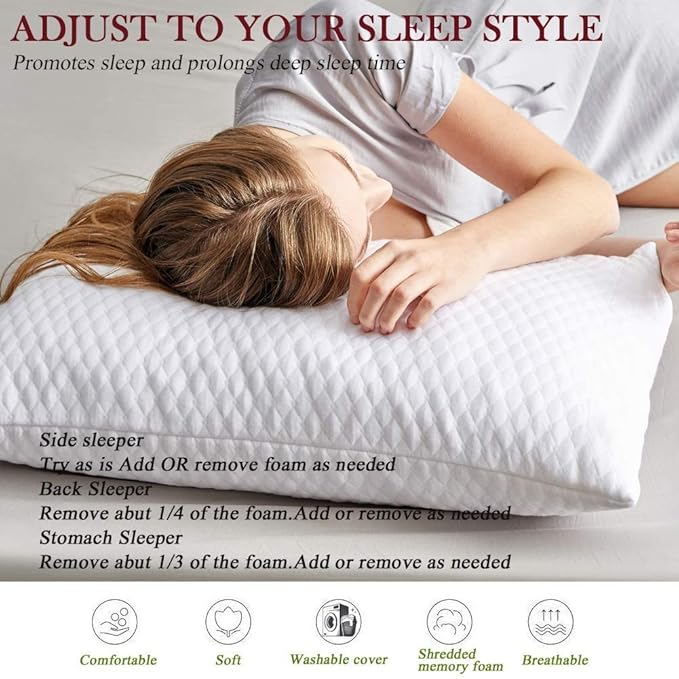 NTCOCO Shredded Memory Foam Bed Pillows for Sleeping Queen Size 2 Pack,with Washable Removable Hypoallergenic Sleep Pillow for Back and Side Sleeper