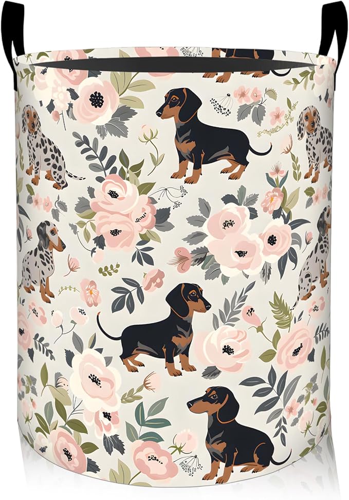ainori Floral Dachshund Dog Laundry Basket, Oxford Cloth Playful Dirty Clothes Collapsible Hamper for Room Decor, Flower and Puppy Print Gifts Toy Organizer 19.7 * 15.8 Inch for Bedroom Bathroom Dorm
