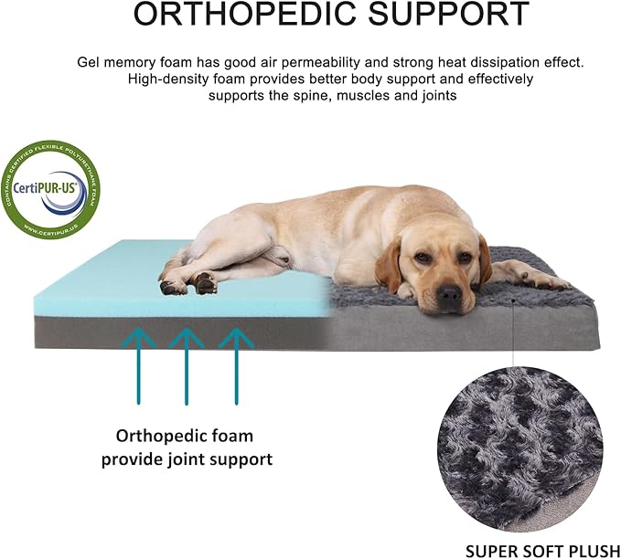 GOHOO PET Orthopedic Memory Foam Bed for Large Dogs, Waterproof Cooling Pet Mats for Crate with Removable Washable Cover,Ideal for Arthritic Dogs (Large plus-36"x 27" x 3", Rose Plush)