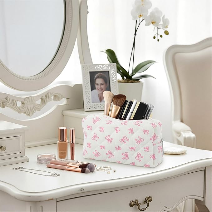 Paterr 6 Pcs Quilted Makeup Bag Bulk for Women Girls Birthday Valentine's Day Bridesmaid Gifts Cute Cotton Cosmetic Pouch Bow Floral Coquette Aesthetic Travel Toiletry Bag(Little Bow,White)