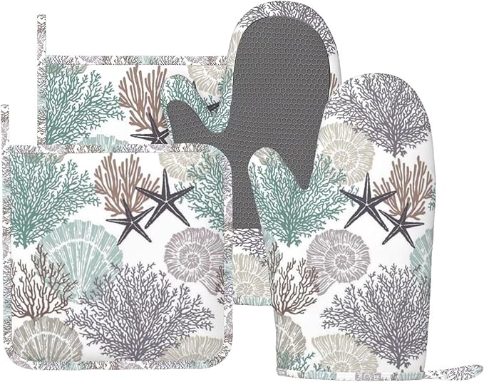 Nautical Coastal Oven Mitts and Pot Holders Set, 4pcs Silicone Starfish Seashell Coral Beach Themed Oven Glove for Kitchen Heat Resistant Oven Mitts and Non-Slip Potholders Brown Tan Purple