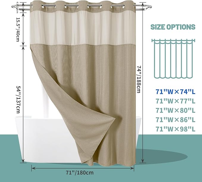 eachope Khaki No Hook Waffle Weave Shower Curtain with snap-in Liner Replacement, 230GSM Waterproof Fabric Hotel Shower Curtain Set for Bathroom, Through Mesh Top Window,71Wx74H