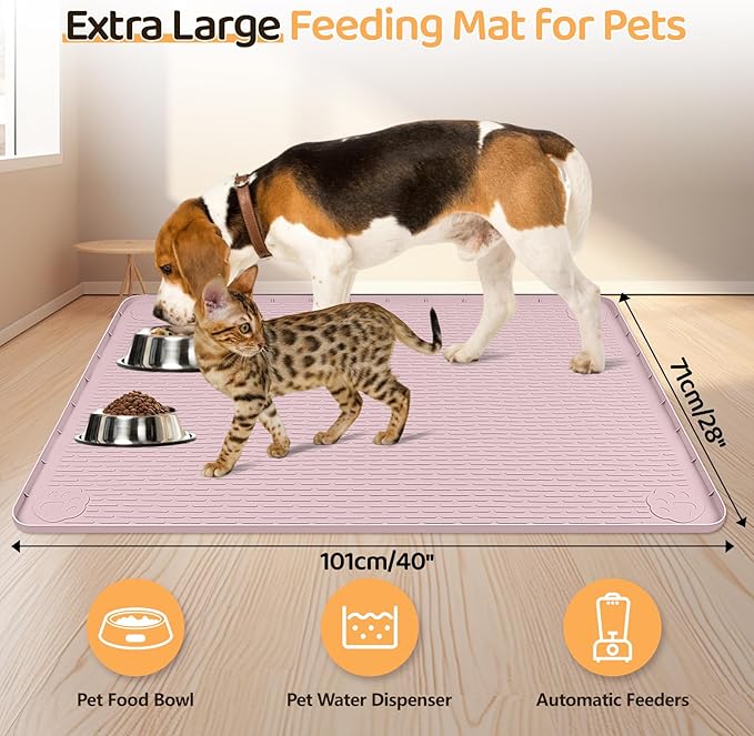 Bartuke Dog Food Mat, Extra Large 40" x 28" Silicone Pet Feeding Mat with Raised Edge Pet Placemat for Small, Medium, and Large Pets Non-Slip, Easy to Clean (Pink)