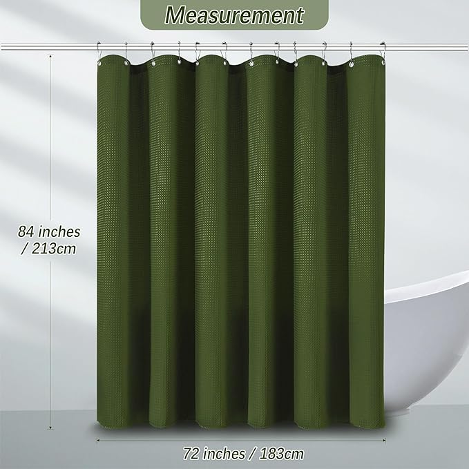PANGSINNE Waterproof Fabric Shower Curtain Extra Long Waffle Weave Heavy Duty Bathroom Shower Curtain Set, 256GSM Weighted Thick Shower Curtain with 12 Rust-Resistant Hooks,72Wx84H Green