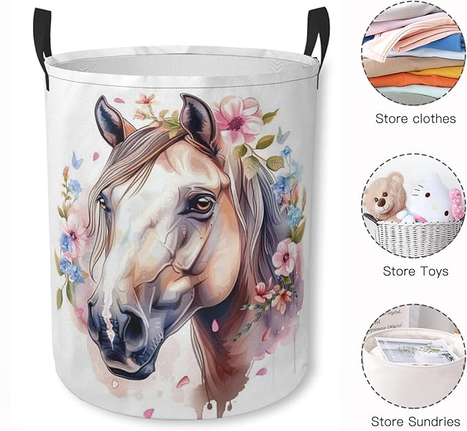 Laundry Basket Floral Horse Collapsible Laundry Hamper with Handles Clothes Storage Bin for Household Bedroom Bathroom College Dorms