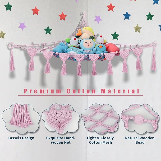 iHansee Stuffed Animal Hammock Corner, 56 Inch Jumbo Macrame Ceiling Toys Net, Pink Wall Hanging Organizer Holder Plush Storage Display Net Mesh with LED Lights for Nursery Playroom Kid Room Decor