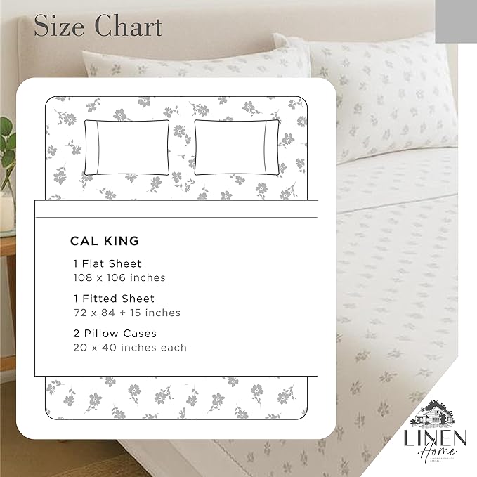 Linen Home 100% Cotton Printed Percale Sheets California King Size, Deep Pocket, 4 Pieces Set - 1 Flat, 1 Deep Pocket Fitted Sheet and 2 Pillowcases, Crisp Cool Bed Linen, Grey Silhouette Floral