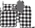 Buffalo Plaid Black and White Oven Mitts and Pot Holders Set, 4pcs Silicone Black White Plaid Oven Glove for Kitchen Heat Resistant Oven Mitts and Potholders Non-Slip for Cooking