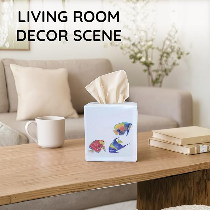 EmbroideryLinen.VN Tissue Box Cover Set of 2, Square Cotton Tissue Holder, Printed Animal Pattern, 4.5x4.5x5.5 Inches, Decorative Holder for Bathroom, Living Room, Office (Fish)