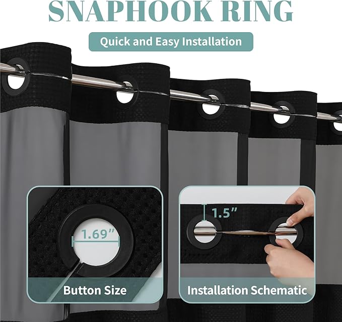 eachope Black No Hook Waffle Weave Shower Curtain with snap-in Liner Replacement, 230GSM Waterproof Fabric Hotel Shower Curtain Set for Bathroom, Through Mesh Top Window,71Wx74H