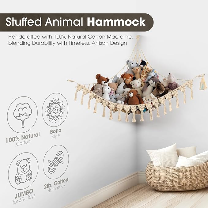 Abby Baby Extra Large Stuffed Animal Storage Hammock Corner with LED Lights – 25LB Capacity Hanging Toy Net for Small or Large Plushies, Boho Macrame Squishmallow, Plush Net, Gray