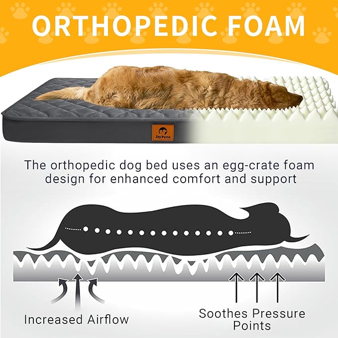 Cozy Dog Bed for Large Sized Dog - Orthopedic Egg Crate Foam Pet Bed with Waterproof & Machine Washable & Non-Slip Bottom, Ideal Beds for Crate and Indoor Use, 35x22 Inch, up to 50 lbs, Dark Grey