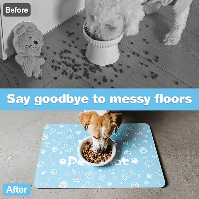 Pet Feeding Mat,Dog Cat Mat for Food and Water,Dog Bowl Waterproof Placemat with Rubber Backing,Absorbent Quick Dry Water Dispenser Mat for Pet（Blue 12"×18"）
