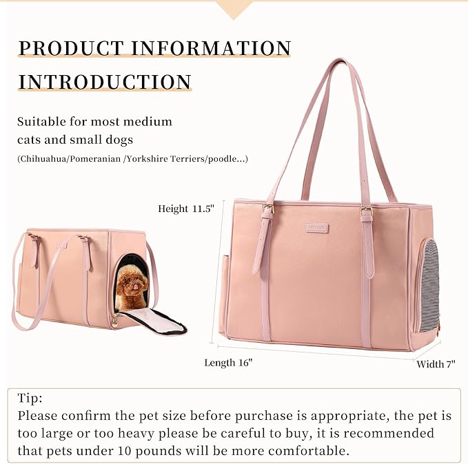 Lasaviin Fashion Dog Purse Pet Carrier Leather Bag for Small Dogs Cats Puppy, Portable Tote Bag Airline Approved Soft-Sided Carriers (Pink)