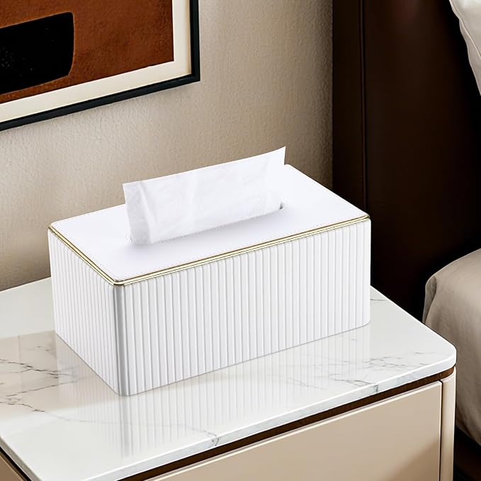 KINGFOM Rectangular Tissue Box Cover, PU Leather Tissue Box Holder with Magnetic Bottom, Napkin & Facial Tissue Holder Dispenser Decorative Box Cover for 120-count (3-Ply) 160-count (2-Ply) White