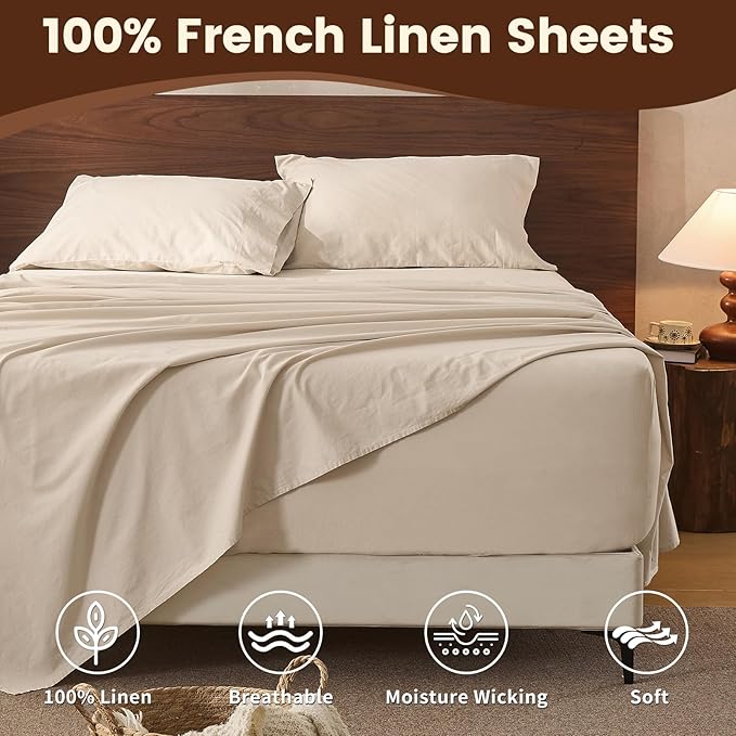 100% Linen Sheet Set Cal King Size Extra Deep Pocket Fits 18-24 Inch Mattress, Breathable & Soft, Smooth 4-Piece Set for Thick Mattresses Hotel Luxury Bedding（Cal King, Linen）