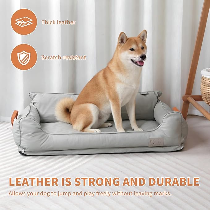 Removable Orthopedic Dog Beds for Large Dogs, Leather Memory Foam Dog Sofa Bed, Waterproof Durable Dogs Bed Couch with Non Skid Bottom for All Pet Sizes (Silver Gray, Medium)