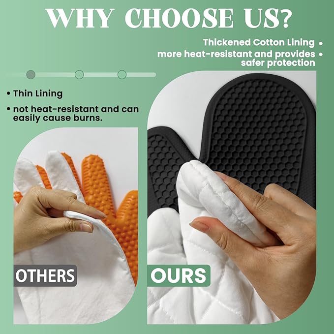 Silicone Oven Mitts Heat Resistant to 500ºF Kitchen Gloves Oven Gloves Silicone Oven Mitt Pair Oven Mitts Set Thickened Waterproof Mittens for Women Men Kitchen Home, 1 Pair (Black)
