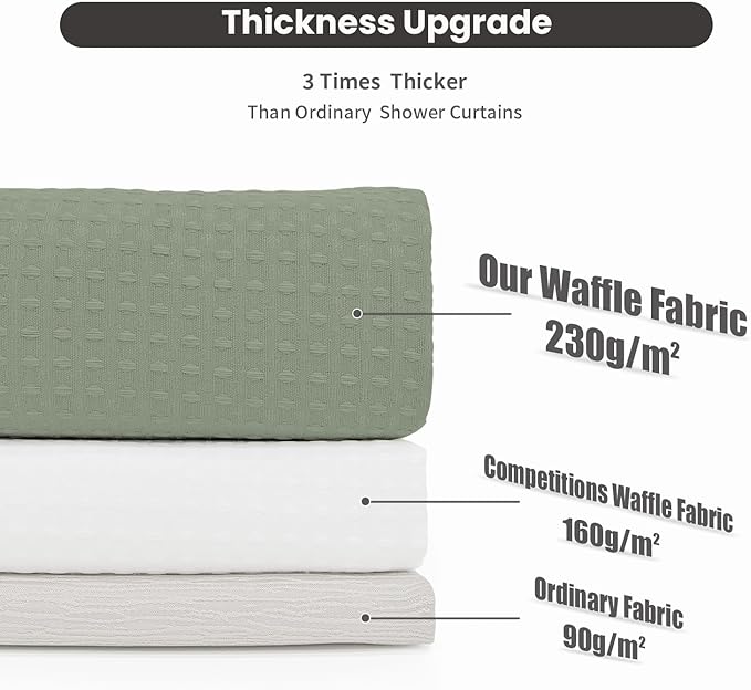 Inhousolu No Hook Waffle Weave Shower Curtain with Removable Snap in Fabric Liner Set for Bathroom, 230 GSM Heavy Duty Weighted Hem, Water Repellent Washable Bath Curtains, 72 x 72 Inch, Sage Green