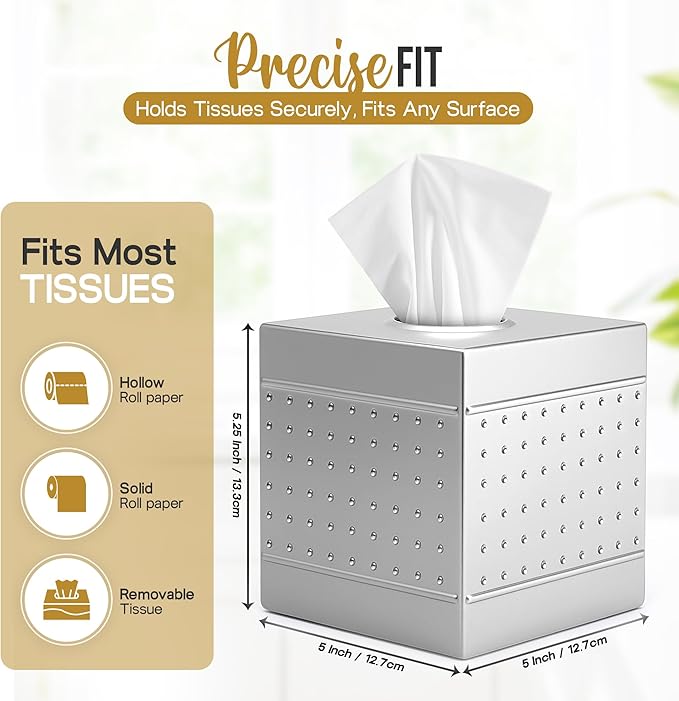 Handmade Metal Tissue Box Cover Square – 5x5x5.25 Inch - Elegant Pewter Tissue Holder – Modern Tissue Cover Box Adds Sleek Style to Bathroom, Bedroom & Office Décor