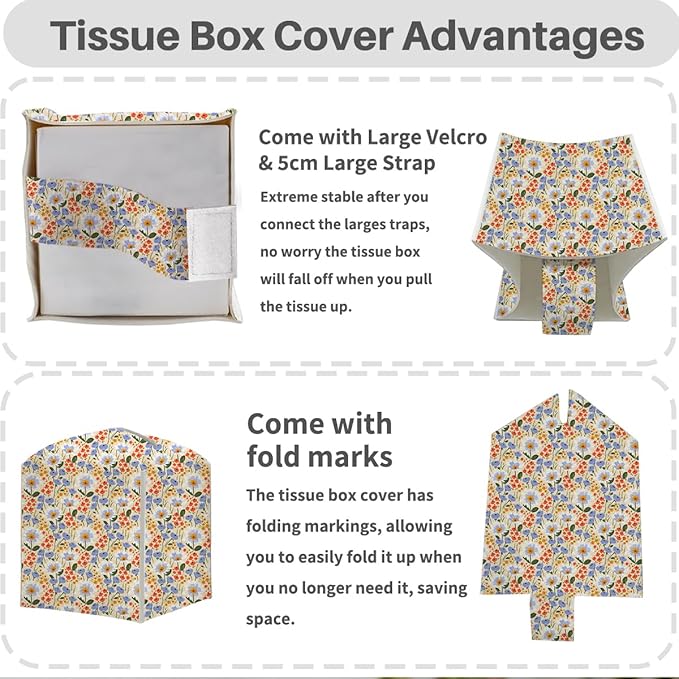 Tissue Box Cover, Tissue Box Holder, Square with Belt Bottom, PU Leather Decorative Organizer for Desk, Tabletop, Countertop Bathroom, Toilet Car, Office, Dresser Bedside, Aesthetic Flower Decor